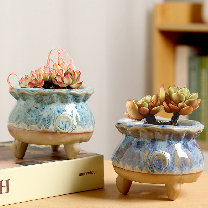Dripped Glazed Round Footed Pots - "Mystic Tapestry"