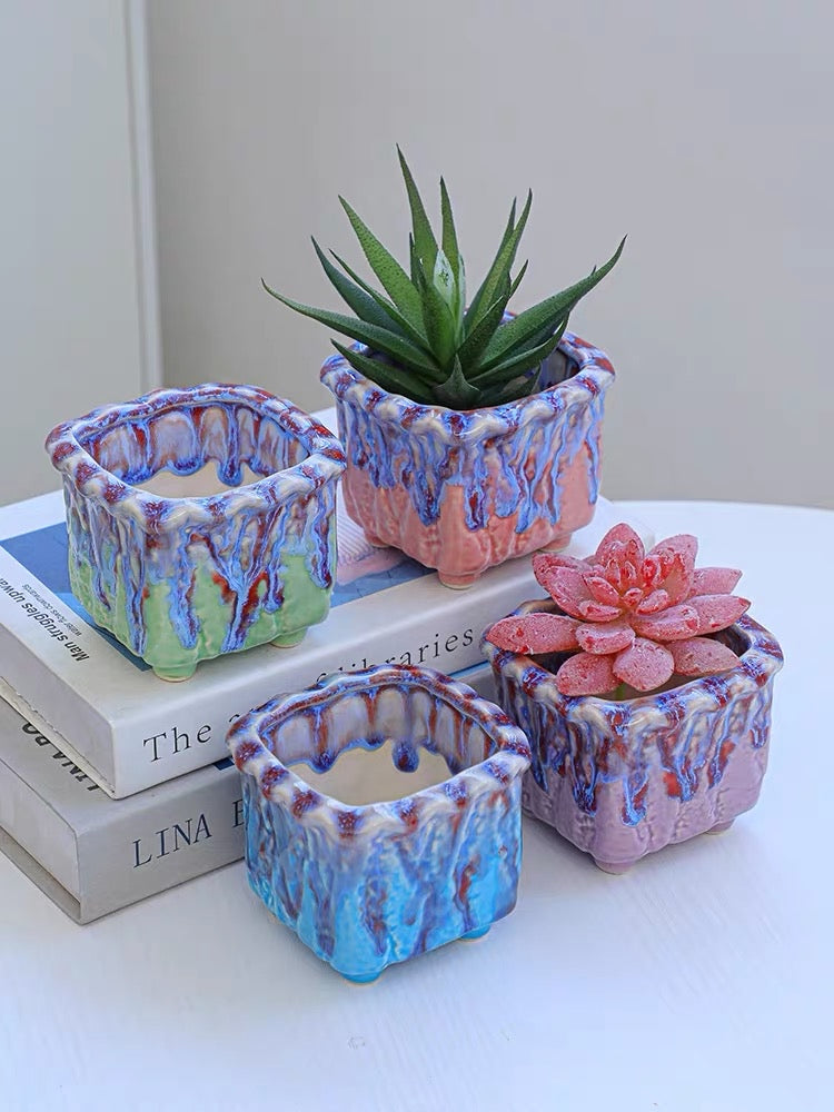 Dripped Glazed Sqaure Footed Pots - "Ethereal Dream Square"