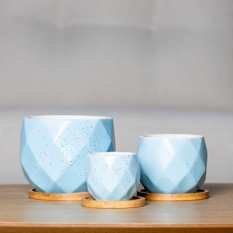 Glazed Ceramic Planter - "Macaron" - 3 Pieces Set with Saucers