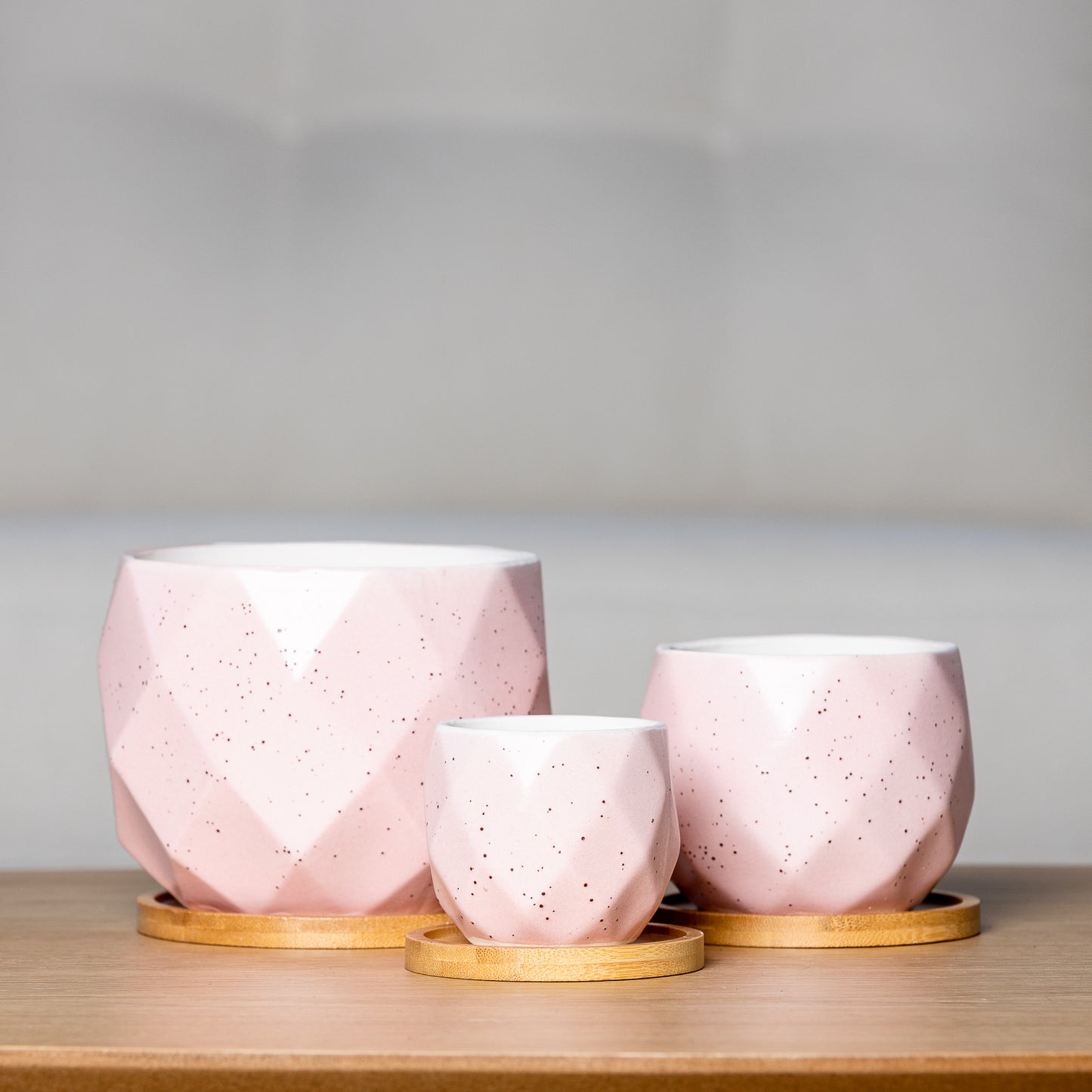 Glazed Ceramic Planter - "Macaron" - 3 Pieces Set with Saucers