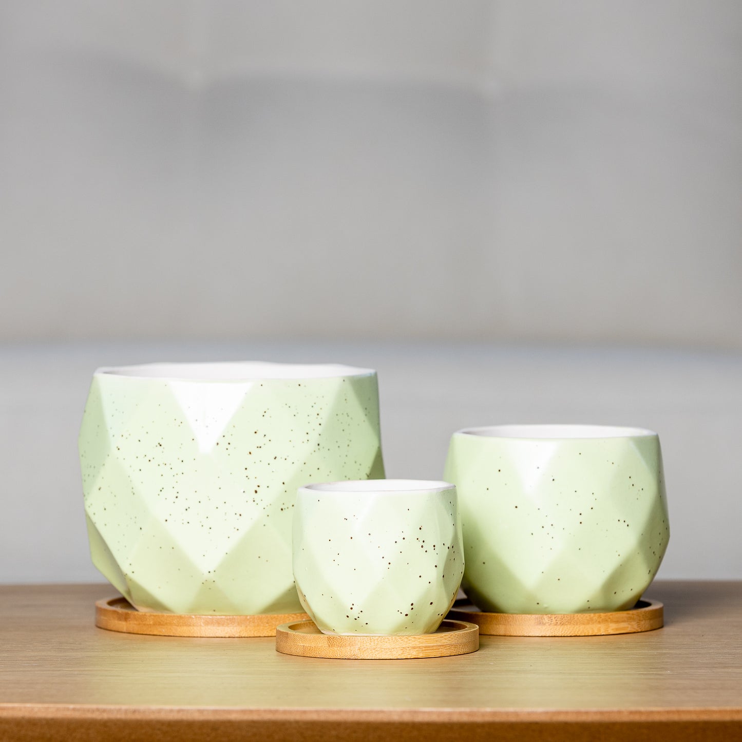 Glazed Ceramic Planter - "Macaron" - 3 Pieces Set with Saucers