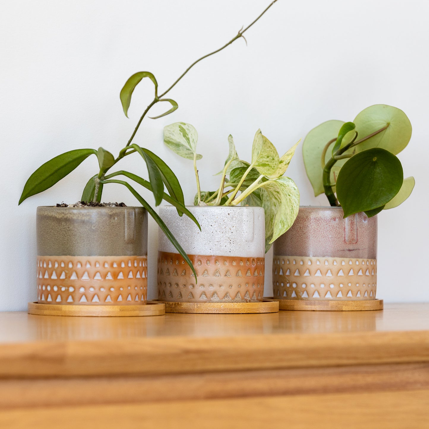 Two-tone Glazed Terracotta Pots with Polynesian Patterns