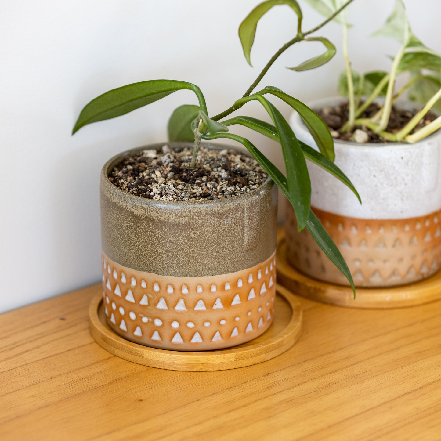 Two-tone Glazed Terracotta Pots with Polynesian Patterns