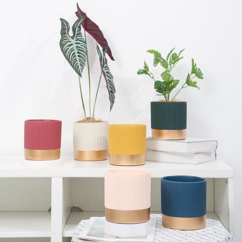 gold plant pot nz Round Stripe Golden Stoneware Pots