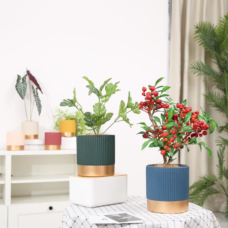 gold plant pot nz Round Stripe Golden Stoneware Pots